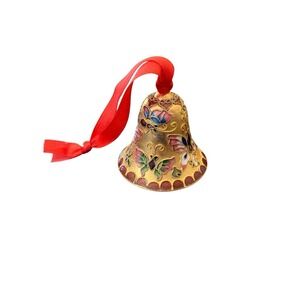Vintage Gold Cloisonné Bell Ornament With Colorful Butterfly Floral Motif Detail